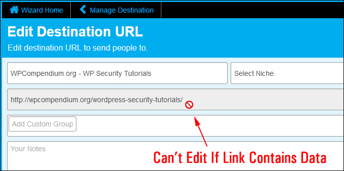 Destination URL cannot be edited if link contains data