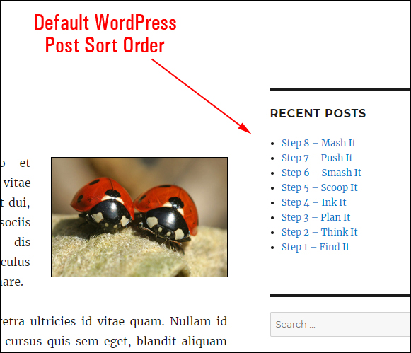 Recent Posts widget showing default WordPress post sort order.