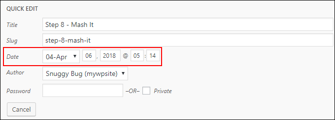 Quick Edit screen - Date field highlighted.