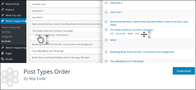 Post Types Order plugin for WordPress.