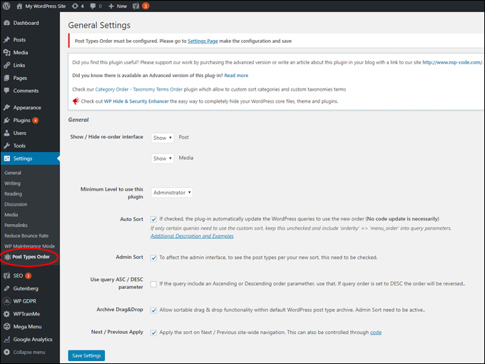 Post Types Order plugin - General Settings screen.