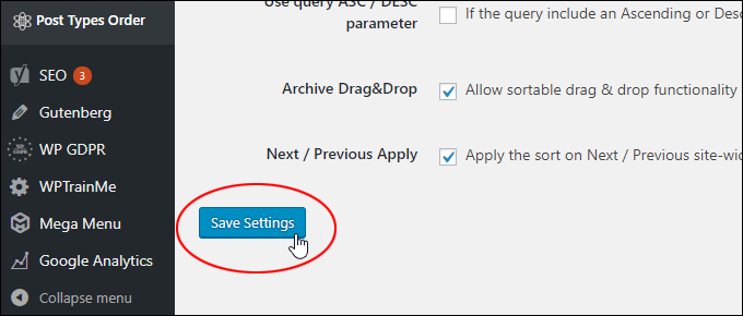 Post Types Order - Save Settings button highlighted.