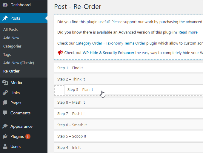 Post - Re-Order screen: Drag and drop to reorder posts.