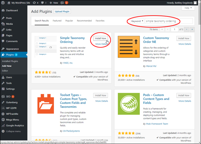Add Plugins screen - Installing the Simple Taxonomy Ordering plugin.