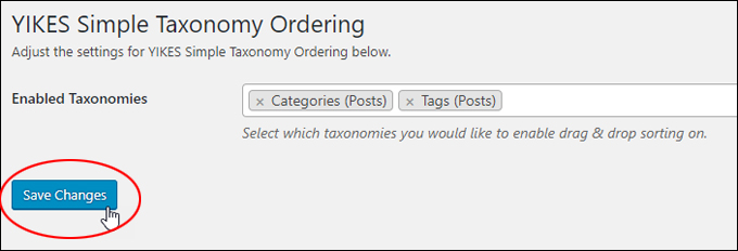 YIKES Simple Taxonomy Ordering - Enabled Taxonomies field.