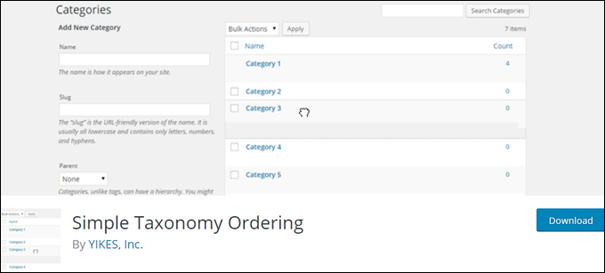 Yikes Simple Taxonomy Ordering plugin for WordPress.