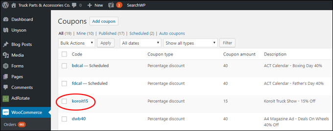 WooCommerce Table of Coupons