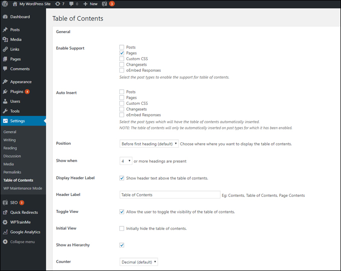 Easy Table of Contents settings screen