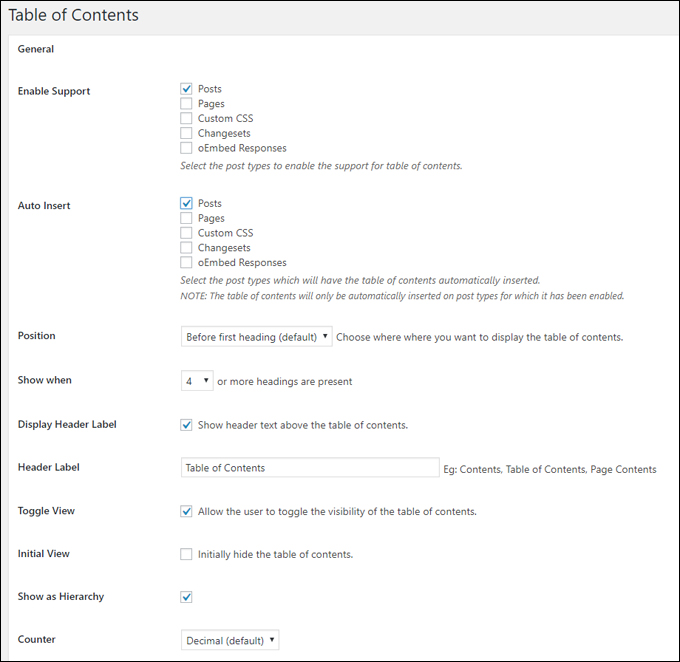 Easy Table of Contents - General settings