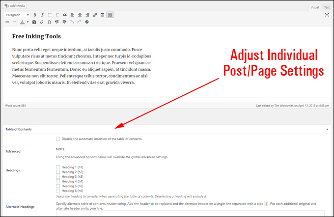 Adjust individual post or page ToC settings