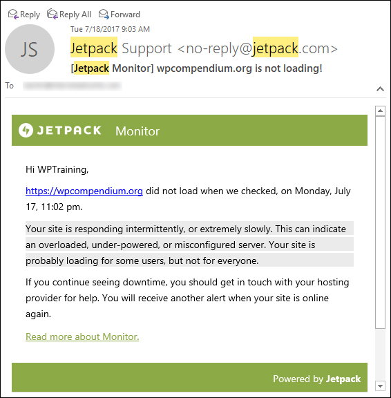 Jetpack Monitor sends you an alert if your site goes down!