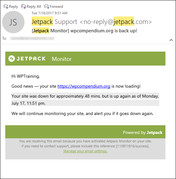 Jetpack Monitor alerts you when your site is back up!