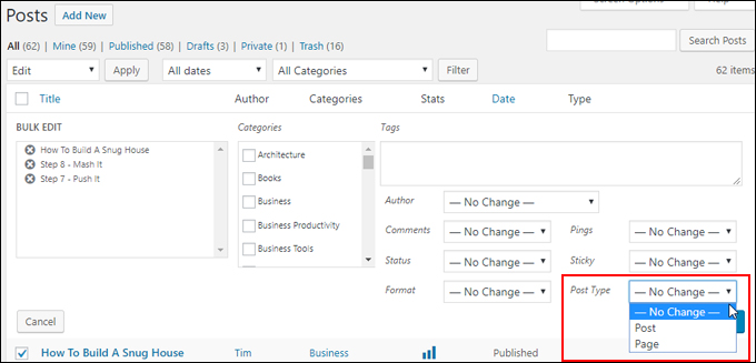 Convert multiple posts or pages using the bulk editor