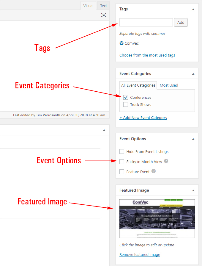Set event listing options