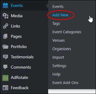Events - Add New menu