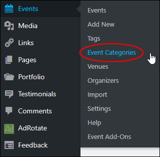 Events - Event Categories menu