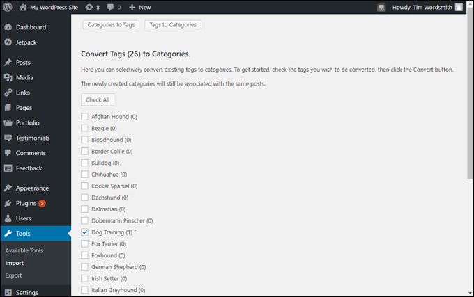 Select tags to convert into categories