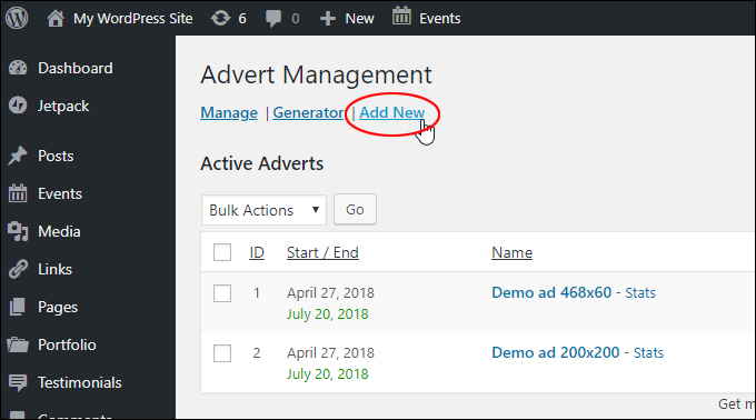 AdRotate Advert Management screen - Add New