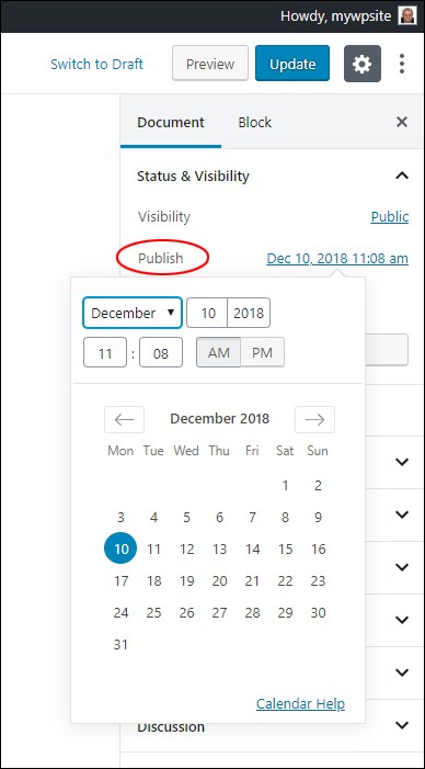 Status & Visibility: Post/Page Publish Settings