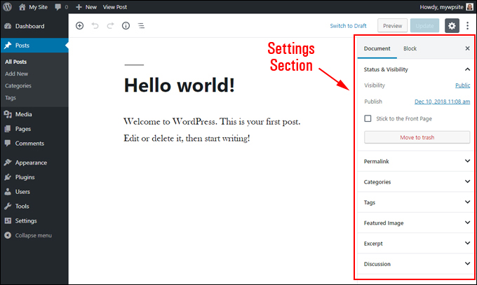 WordPress Gutenberg Content Editor - Settings Section