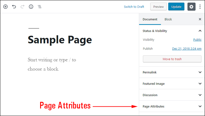 Page Attributes Settings Panel