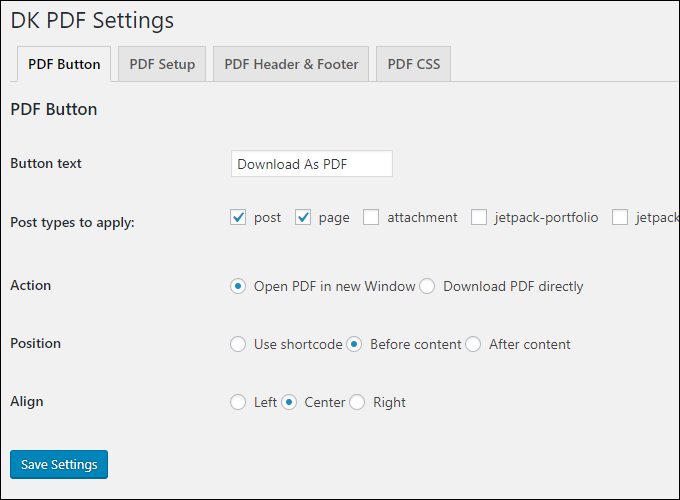 DK PDF Settings - PDF Button options