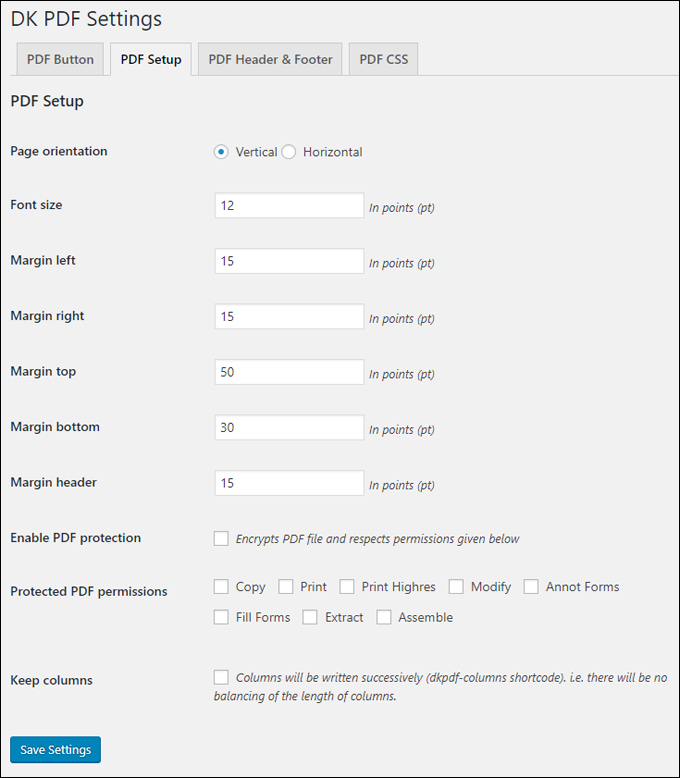 DK PDF Settings - PDF Setup options