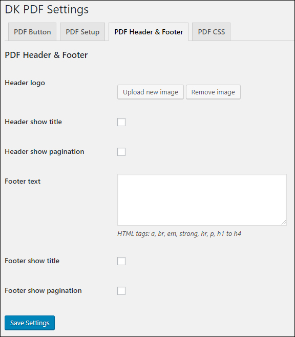 DK PDF Settings - PDF Header & Footer options