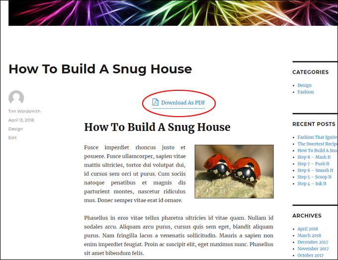 WordPress post with PDF button