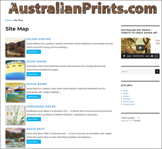 Site map with post images and descriptions