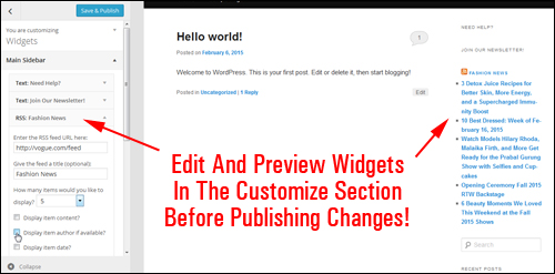 Edit widgets in the Customize feature