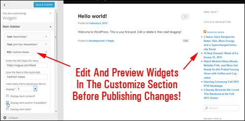 Edit widgets live in the Customize section