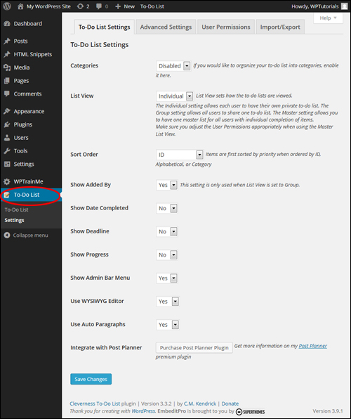 Cleverness plugin WordPress - To Do List Settings Screen