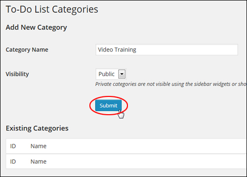 Cleverness plugin WordPress - To Do List Categories Section
