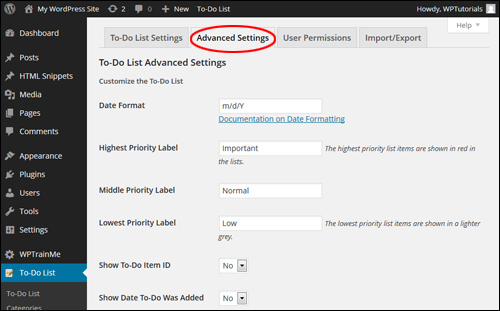 WP to-do lists plugin - To Do List Advanced Settings Tab - To Do List Customization Settings