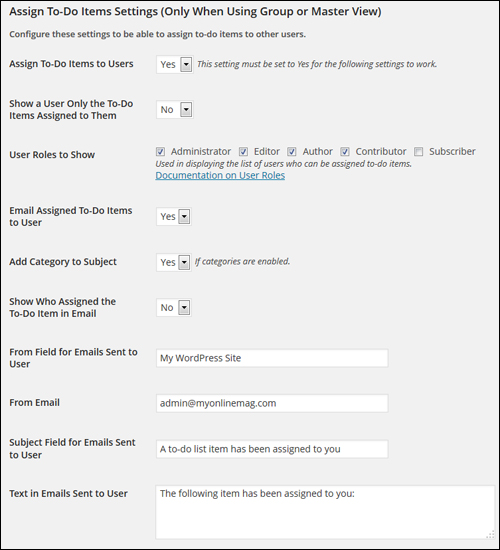 Cleverness to-do lists plugin WordPress - To-Do List Advanced Settings > Assign To Do Items Settings