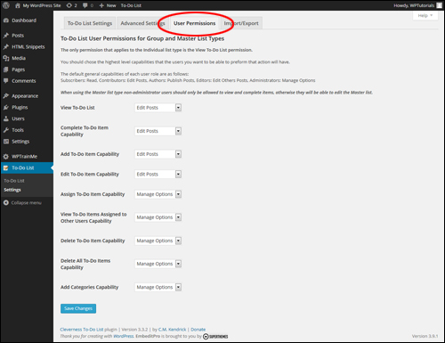 Cleverness WP plugin to do list - User Permissions Settings Tab