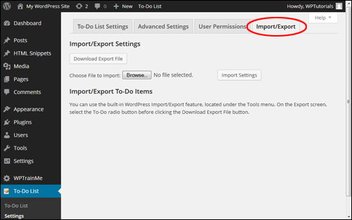 WordPress to-do lists plugin - Import/Export Settings Tab