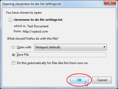 Cleverness plugin WP to-do lists - Import/Export - Export Settings File