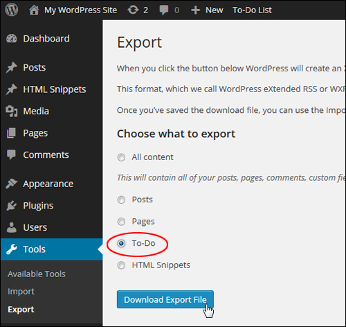 WP Menu Tools > Export - Export To Do Data