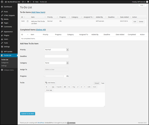Cleverness WordPress plugin to do list - To-Do List screen