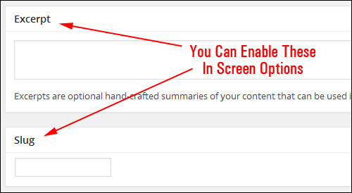 Enable additional fields in screen options