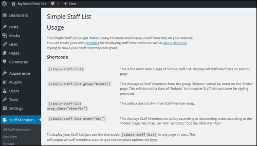 Simple Staff List - Usage Shortcode section