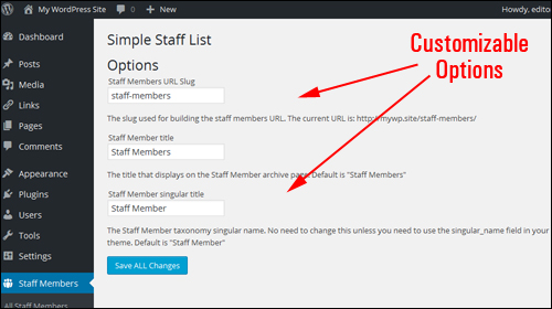 Simple Staff List - Options screen
