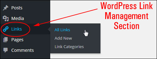 WordPress links management menu section