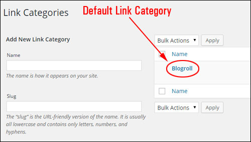 Default link category name is 'blogroll'