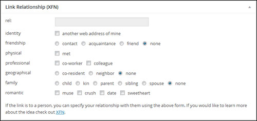 Add New Link page - Link Relationship (XFN)