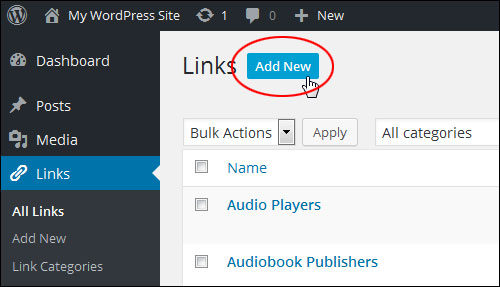 Links screen - Add New Link button