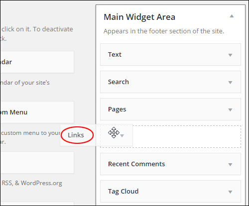 Drag and drop your links widget to add it to a widgetized area
