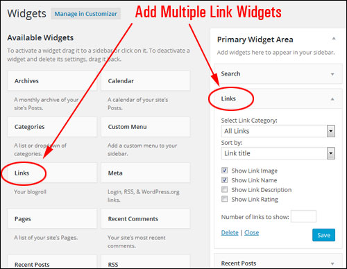 Add a number of link widgets to your widget bars